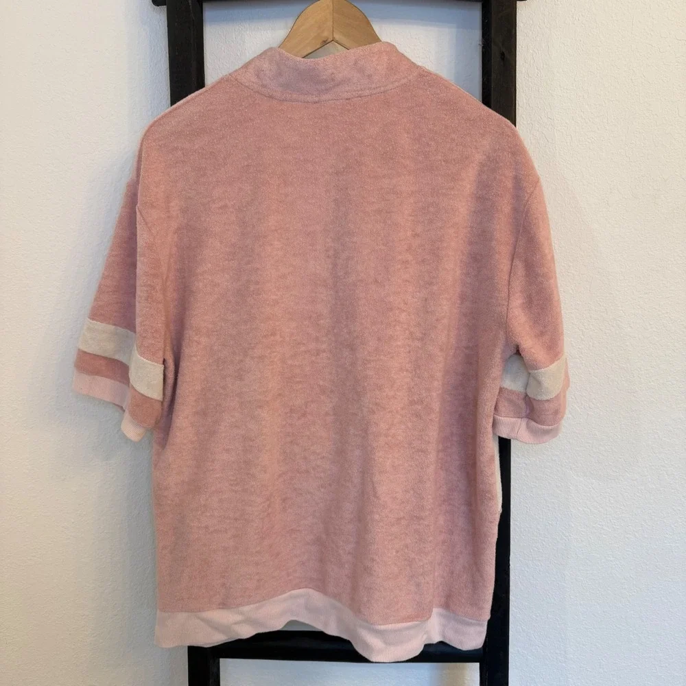 POL Pink Cream Striped Terry Cloth Quarter Zip Short‎ Sleeve Top S/M - Picture 3 of 6